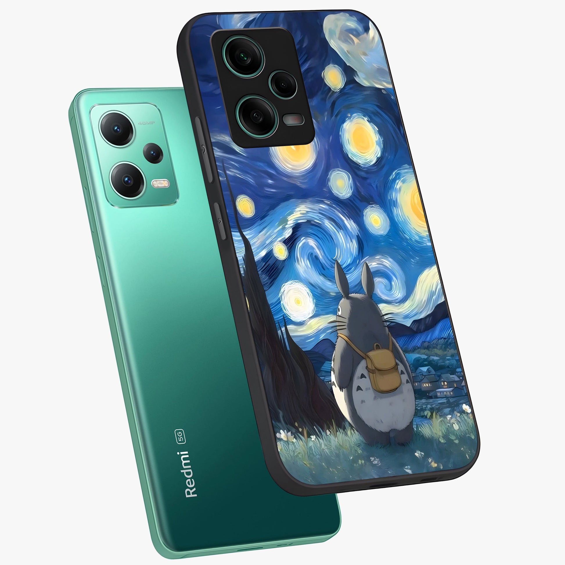 Totoro In Van Gogh Art Glass Case displayed in angled mockup highlighting artistic swirling sky design with playful animation aesthetic.