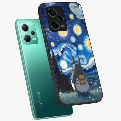 Totoro In Van Gogh Art Glass Case displayed in angled mockup highlighting artistic swirling sky design with playful animation aesthetic.