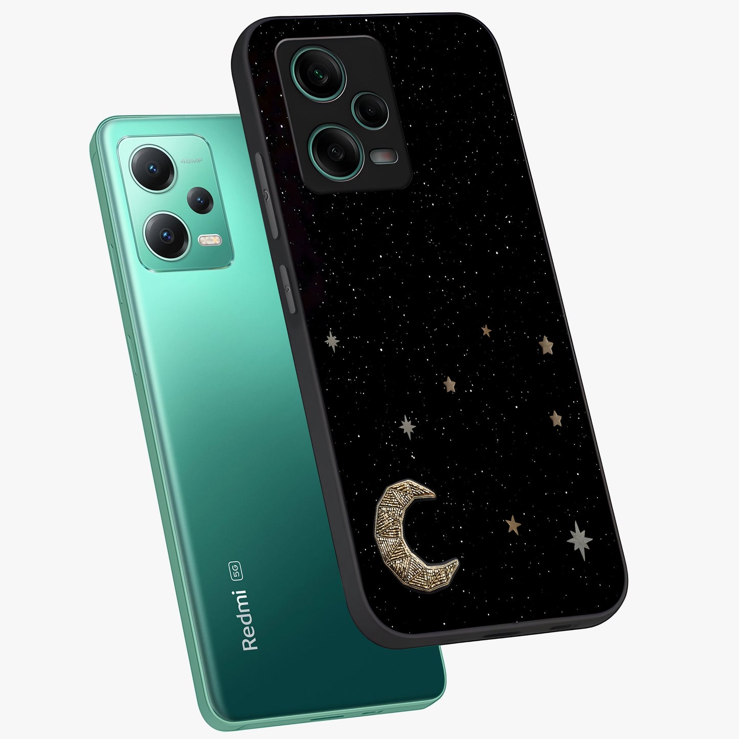 Twinkle Star With Half Moon Glass Case displayed in angled mockup highlighting celestial moon and star design with magical aesthetic.