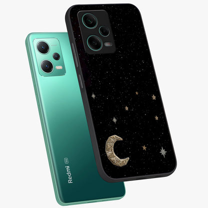 Twinkle Star With Half Moon Glass Case displayed in angled mockup highlighting celestial moon and star design with magical aesthetic.