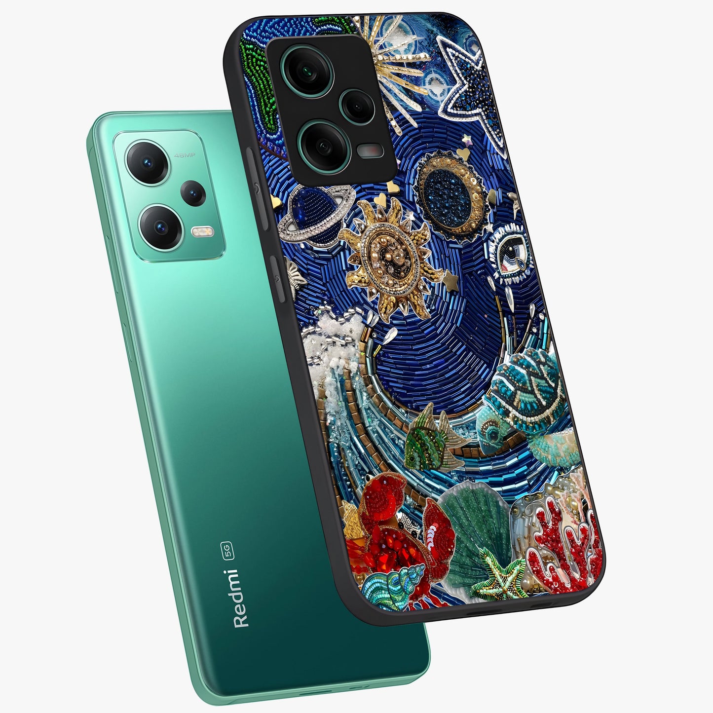 Universe Underwater Spark Glass Case displayed in angled mockup highlighting glowing aquatic design with celestial aesthetic.