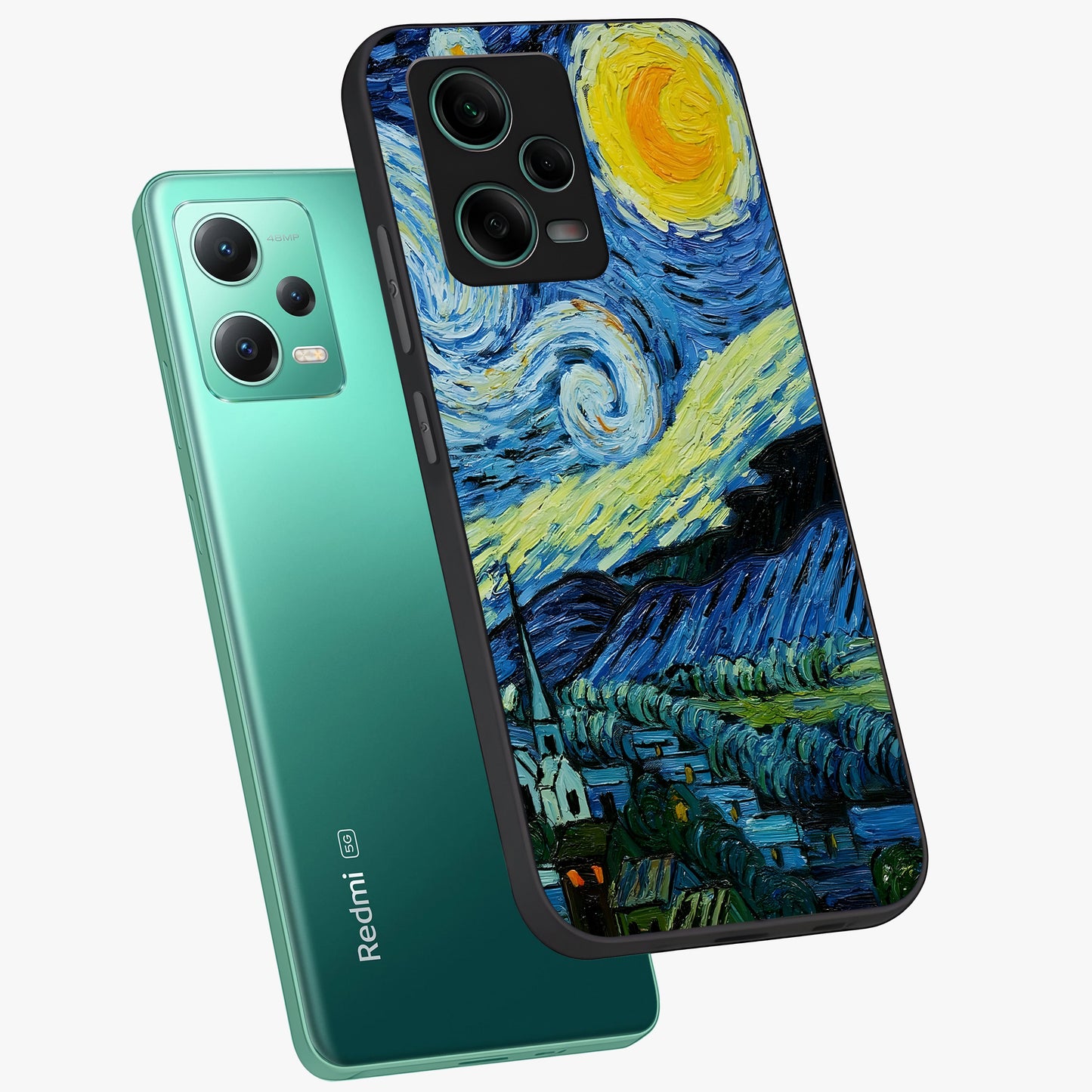 Van Gogh Art Glass Case displayed in angled mockup highlighting swirling brushstroke design with artistic aesthetic.