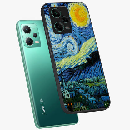 Van Gogh Art Glass Case displayed in angled mockup highlighting swirling brushstroke design with artistic aesthetic.