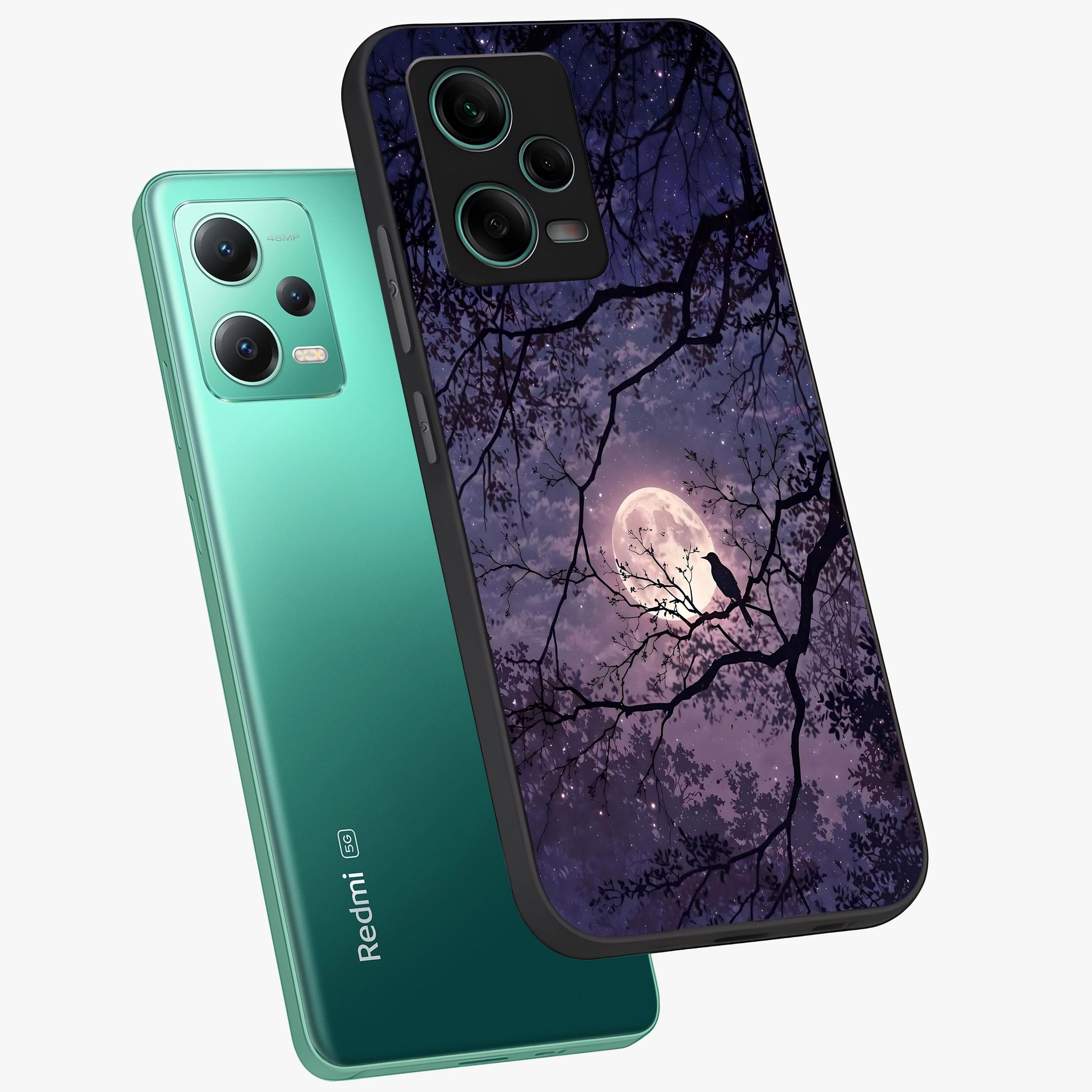 Whispering Moon Silence Glass Case displayed in angled mockup highlighting calm lunar design with dreamy night aesthetic.