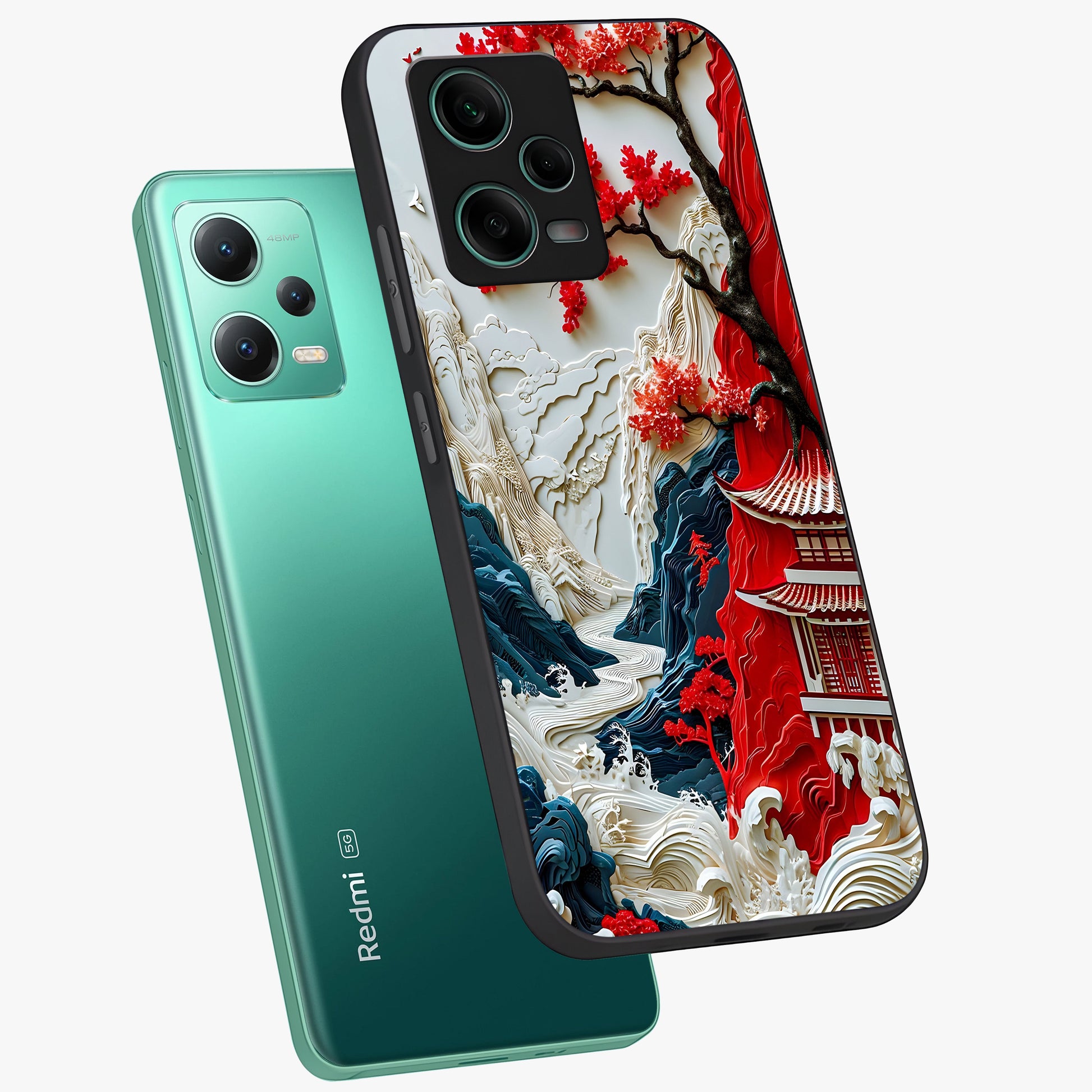 Whispers Of Sakura Waves Glass Case displayed in angled mockup highlighting flowing sakura design with soft floral aesthetic.