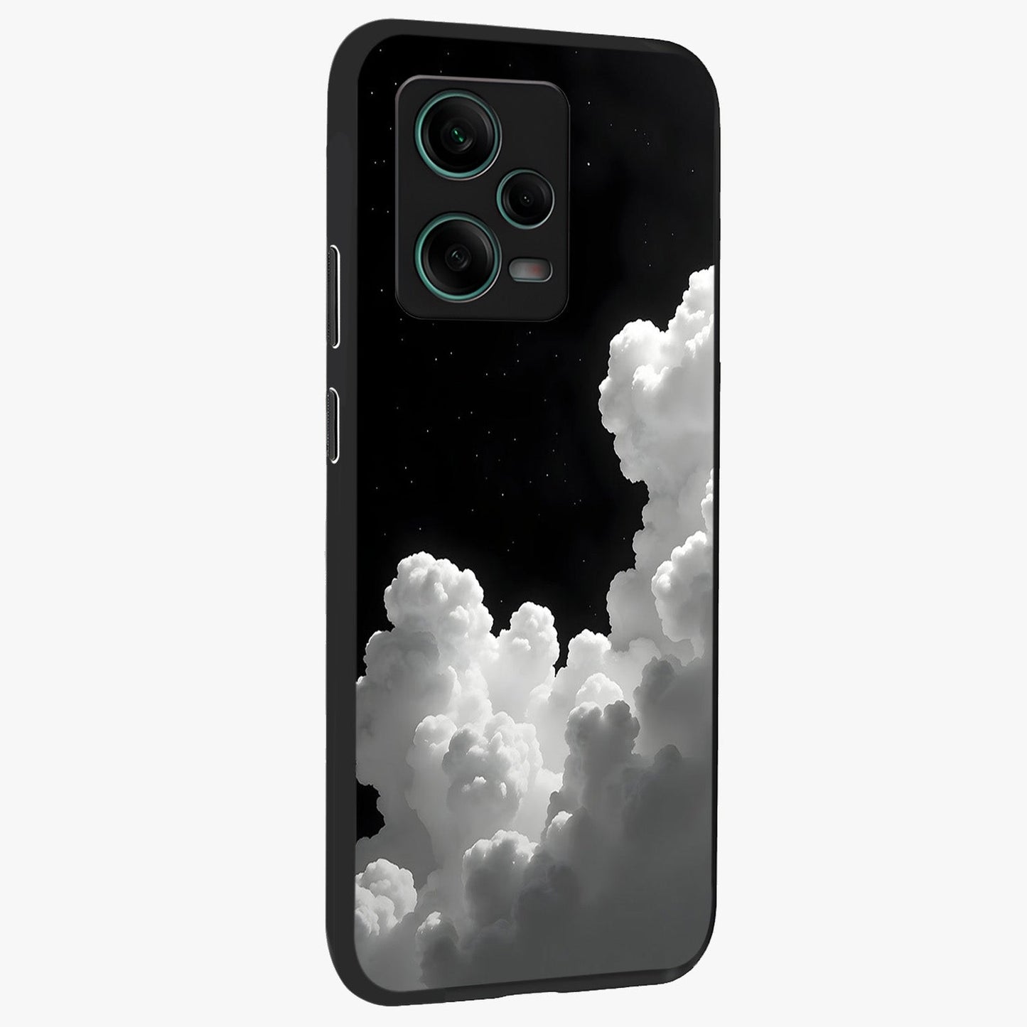 Black Background With White Cloud Glass Case upright view showcasing calm cloud aesthetic with modern minimal style.