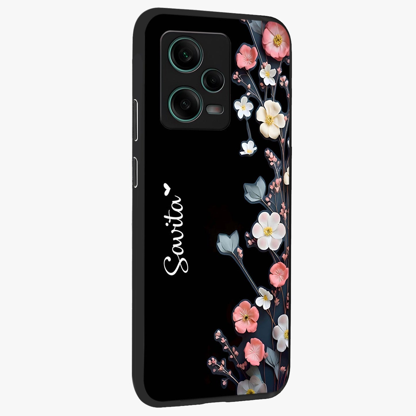 Black Elegance Floral Custom Name Glass Case upright view showcasing luxurious black floral design with personalized name detail.