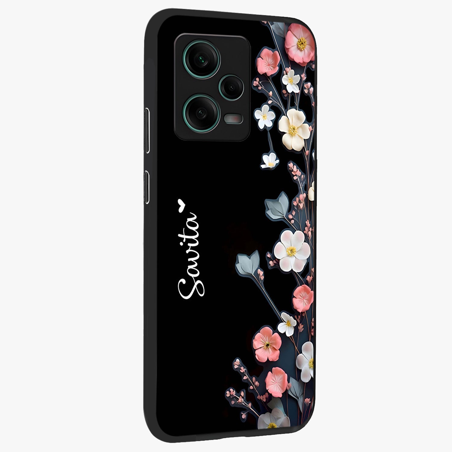 Black Elegance Floral Custom Name Glass Case upright view showcasing luxurious black floral design with personalized name detail.