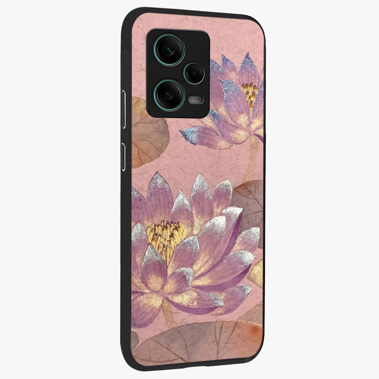 Blossom Mist Lotus Glass Case upright view showcasing graceful lotus flower design with peaceful botanical style.
