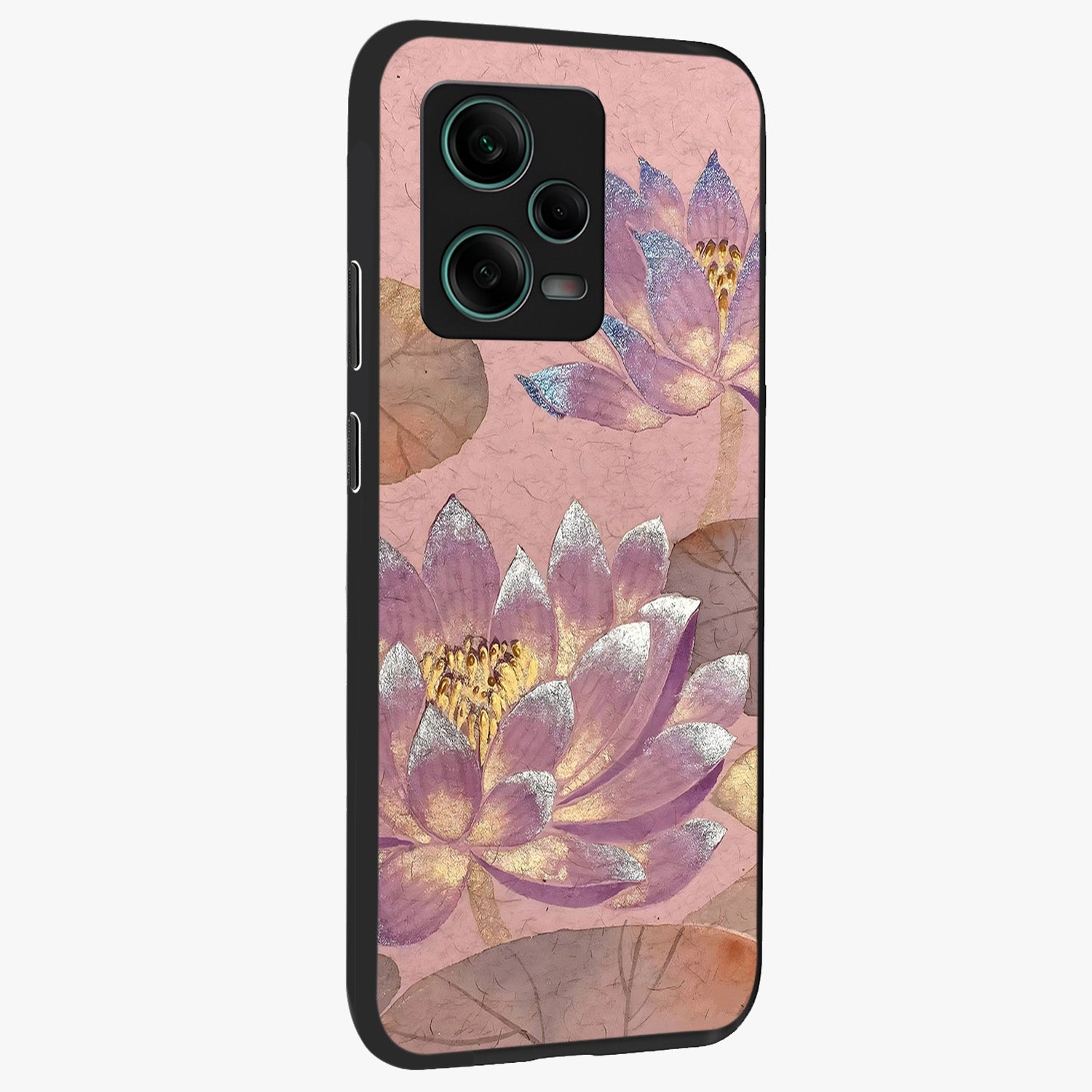 Blossom Mist Lotus Glass Case upright view showcasing graceful lotus flower design with peaceful botanical style.