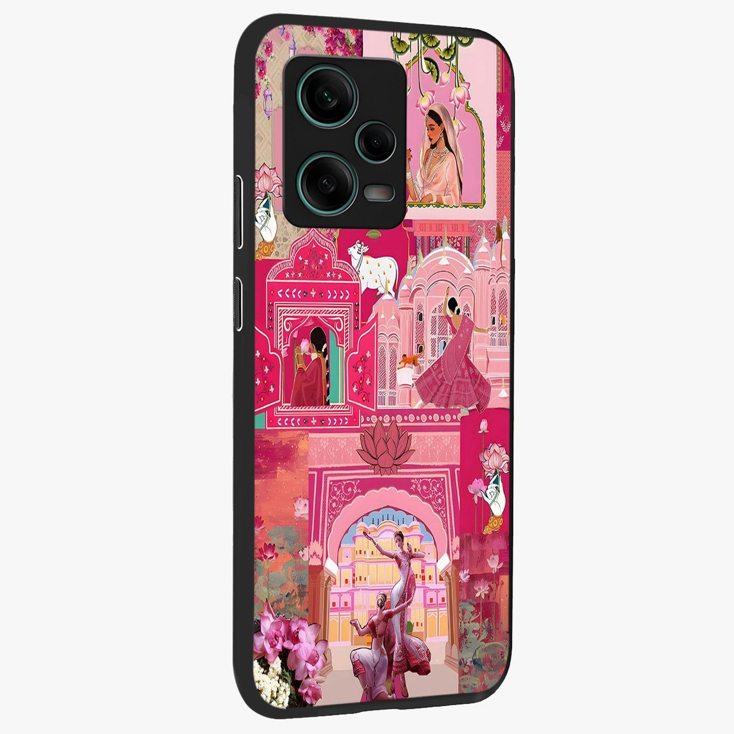 Blossoms of Rajasthan Glass Case upright view showcasing colorful floral design inspired by traditional Indian art.