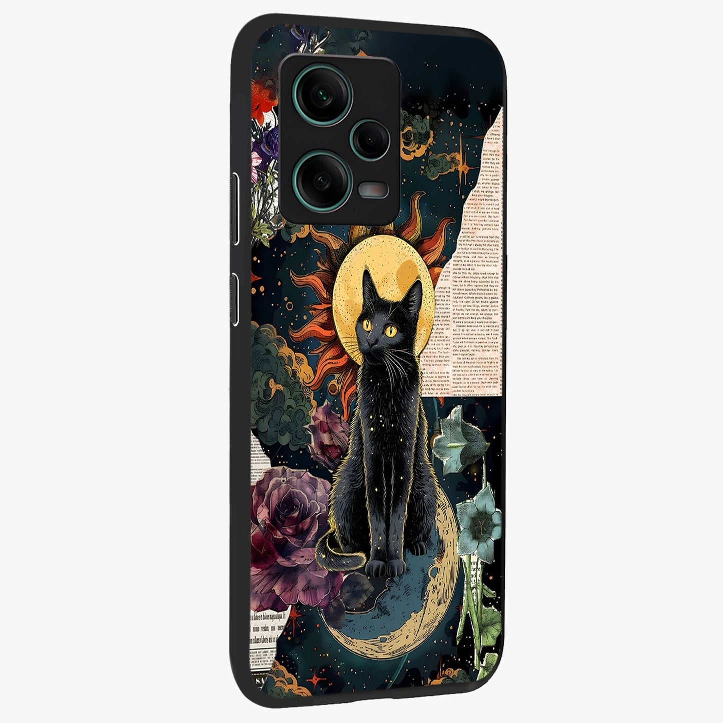 Celestial Black Cat Glass Case upright view showcasing magical black cat illustration with starry cosmic theme.