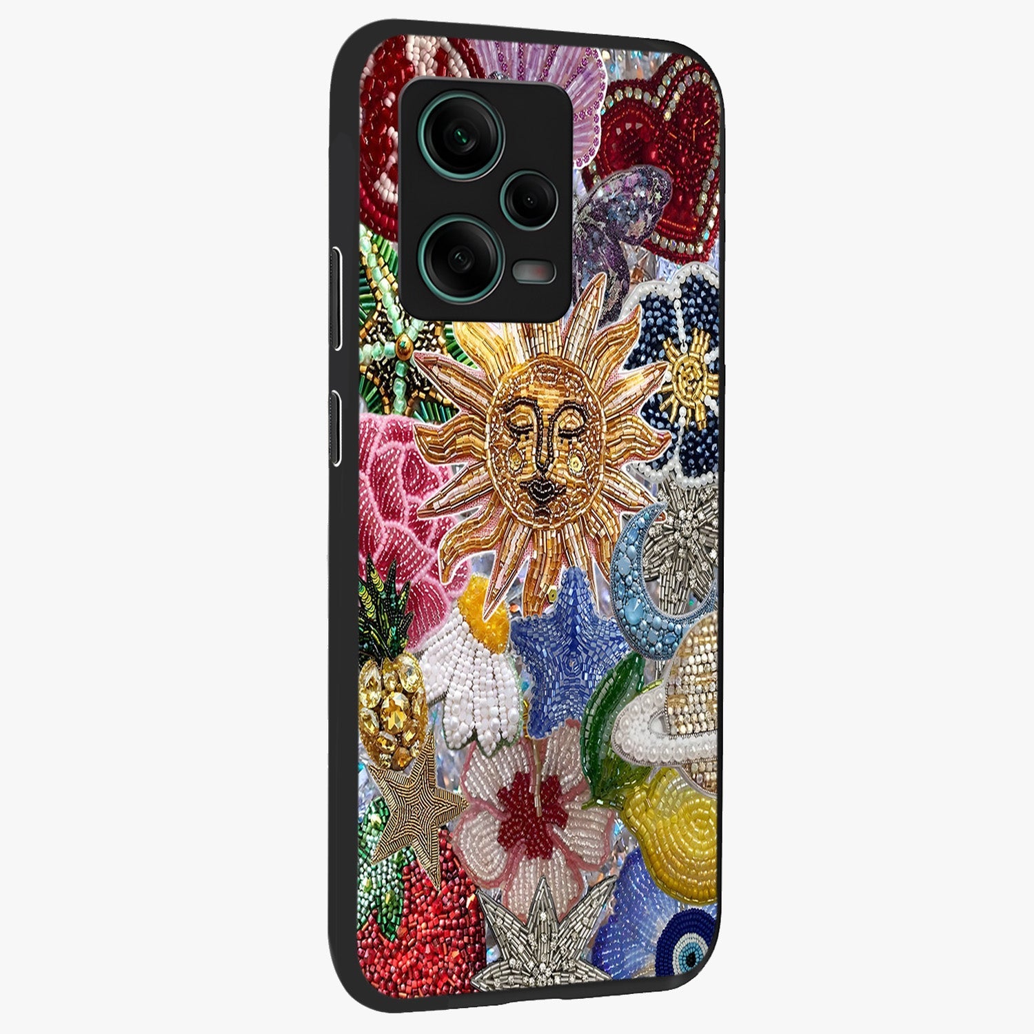 Celestial Floral and Playful Glass Case upright view showcasing whimsical floral artwork with cosmic aesthetic theme.