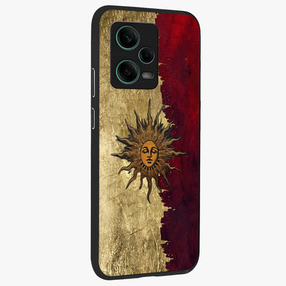 Crimson Sun Majesty Glass Case upright view showcasing vibrant sun artwork with powerful celestial theme.