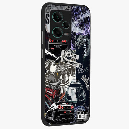 Die Young Glass Case upright view showcasing striking typography artwork with modern statement theme.