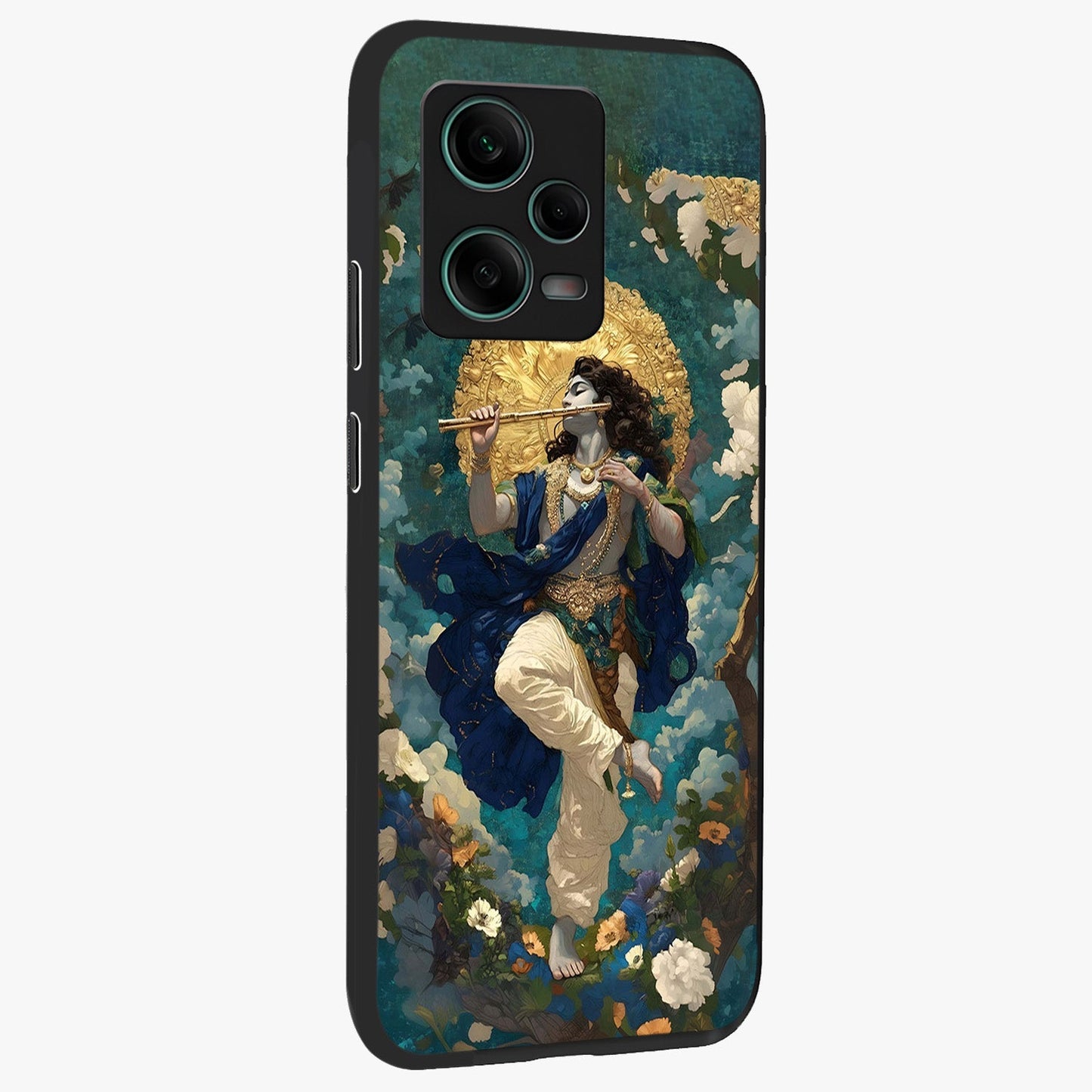 Divine Krishna Art Glass Case upright view showcasing divine Krishna artwork with sacred artistic theme.