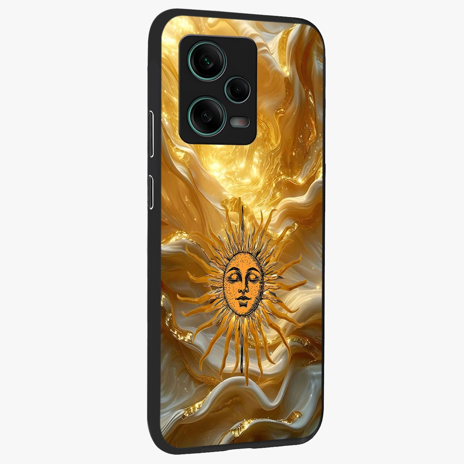 Eternal Golden Glow Glass Case upright view showcasing luminous golden artwork with luxurious visual theme.
