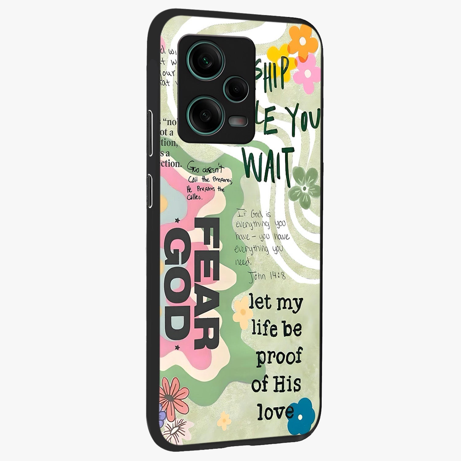 Faith Over Fear Glass Case upright view showcasing bold typography artwork with uplifting motivational theme.