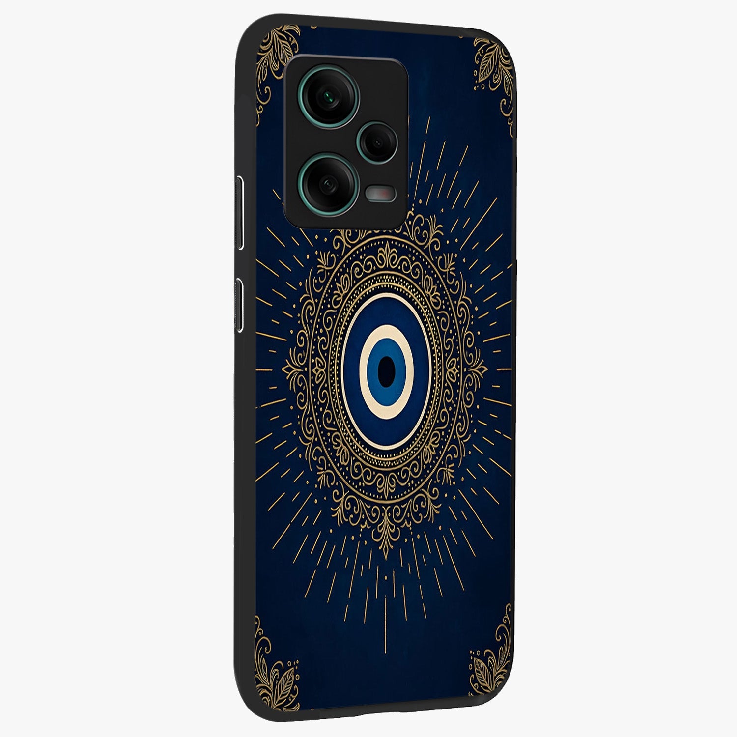 Golden Celestial Charm Glass Case upright view showcasing radiant celestial artwork with elegant golden theme.