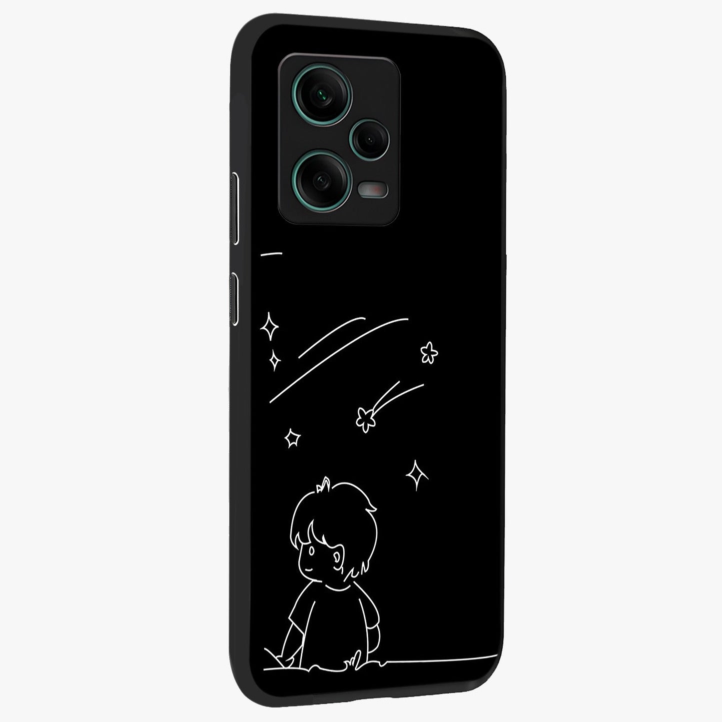 Line Art Boy With Shooting Stars Glass Case upright view showcasing artistic shooting star illustration with minimal style.