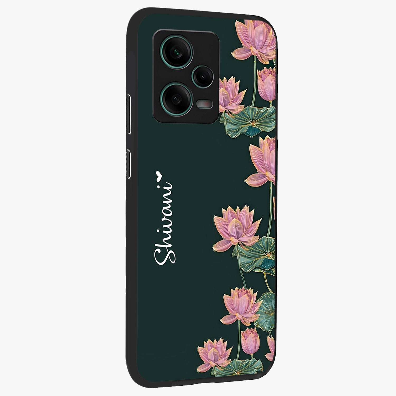 Lotus Bloom Serenity Custom Name Glass Case upright view showcasing serene lotus bloom artwork with personalized floral aesthetic.