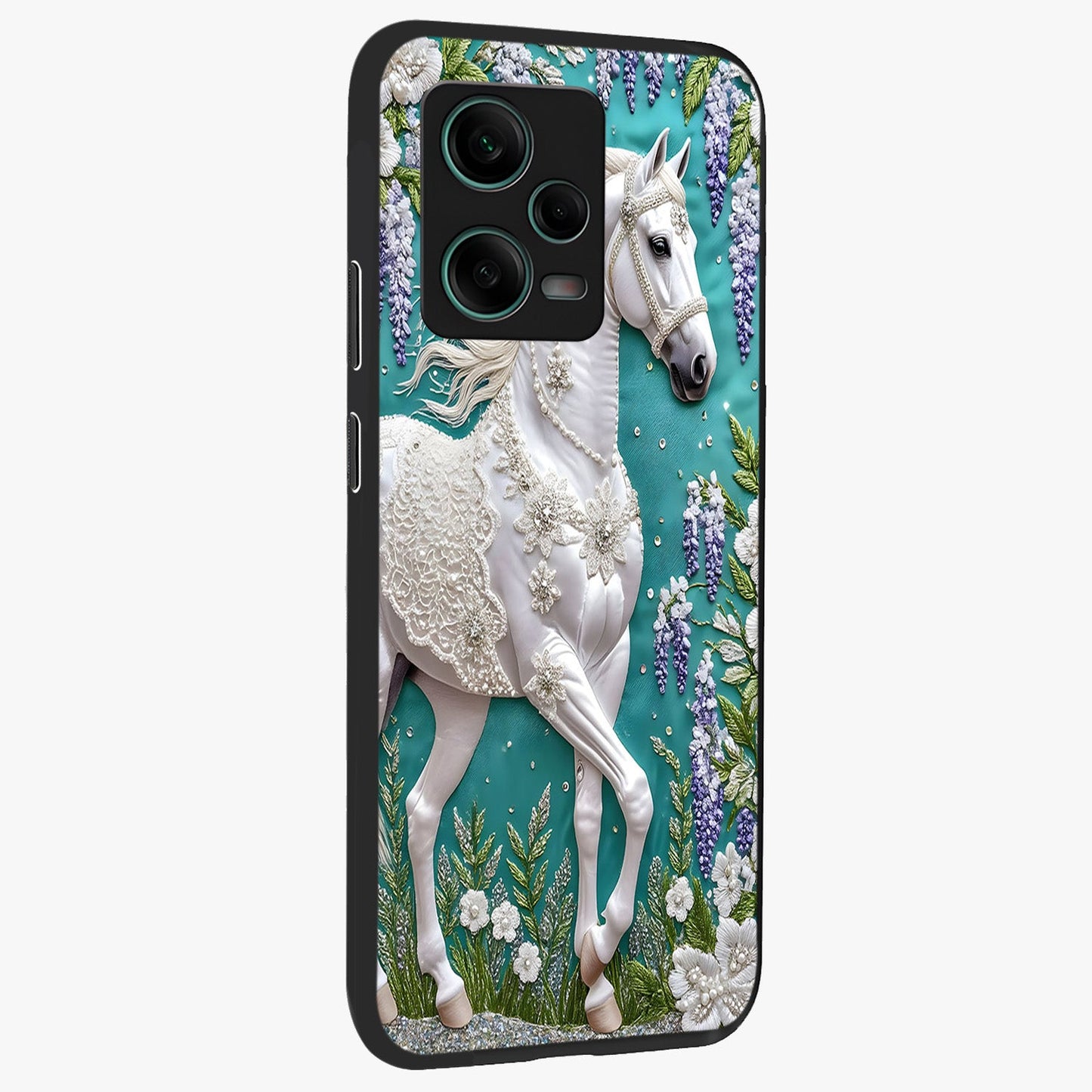 Majestic Floral Stallion Glass Case upright view showcasing dramatic horse artwork with decorative floral theme.