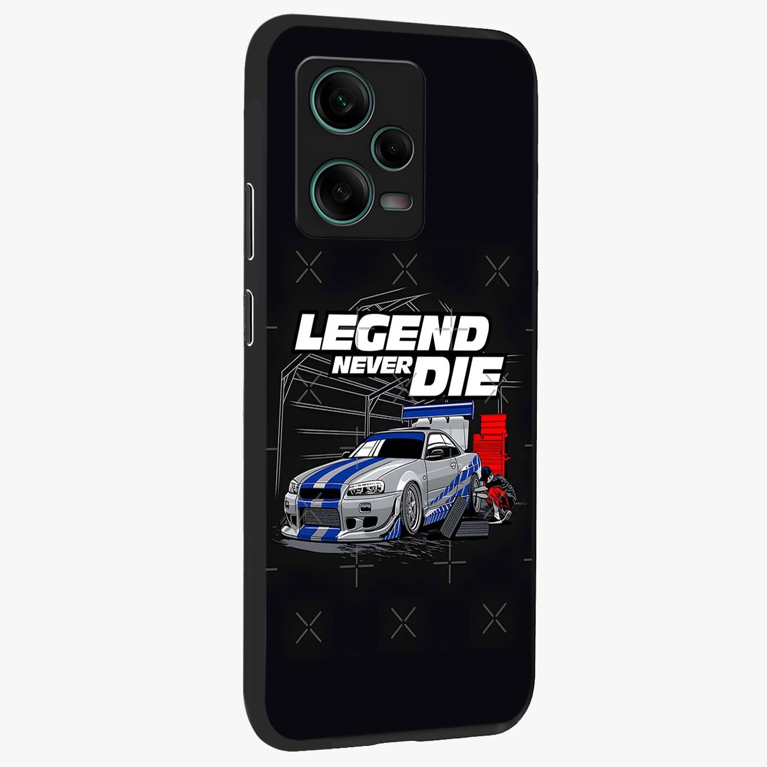 Midnight Racing Legacy Glass Case upright view showcasing powerful racing artwork with modern sports theme.