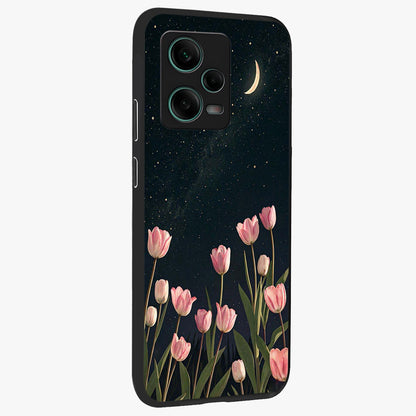 Midnight Tulip Whispers Vibe Glass Case upright view showcasing graceful tulip artwork with calm botanical theme.