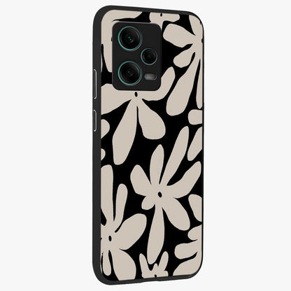 Monochrome Petal Dance Glass Case upright view showcasing artistic floral pattern with stylish monochrome theme.
