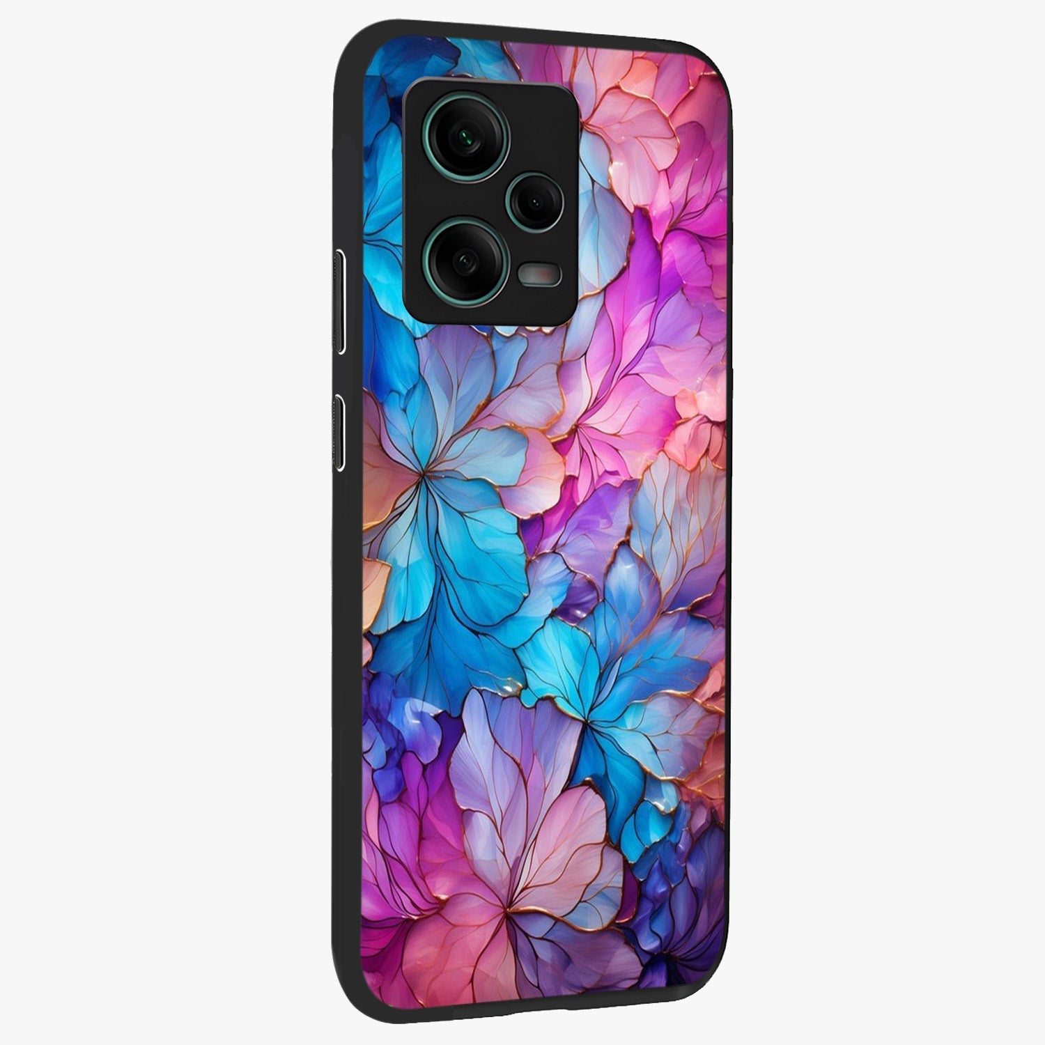 Radiant Floral Whirl Glass Case upright view showcasing lively floral artwork with decorative swirl theme.