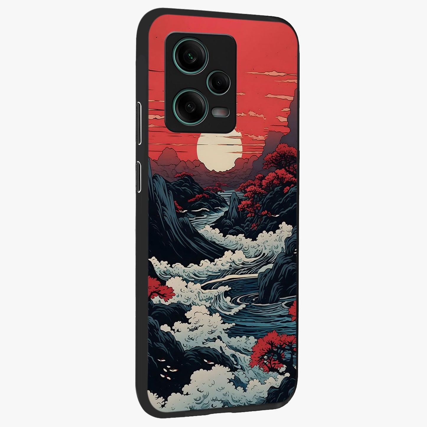 Red Sunset Scenery Glass Case upright view showcasing dramatic sunset scenery artwork with warm nature theme.