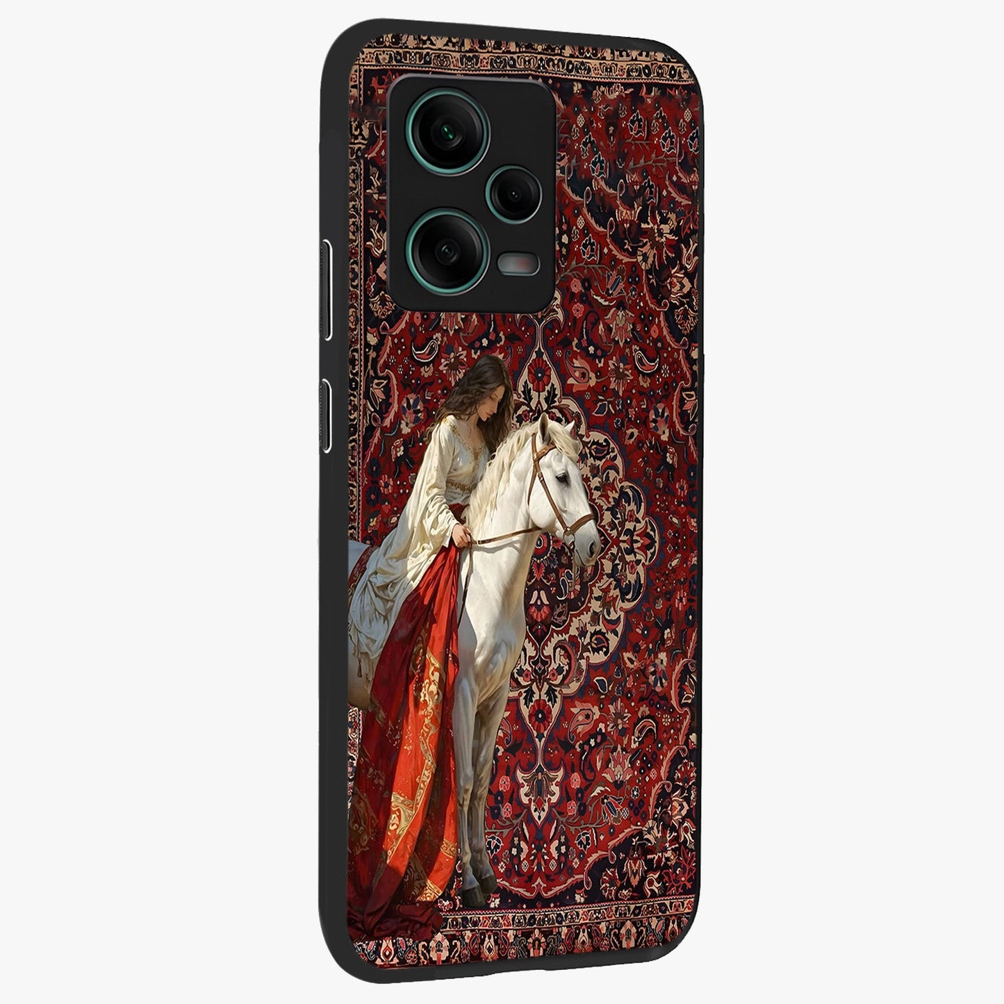 Royal Rider Tapestry Glass Case upright view showcasing detailed rider artwork with classic tapestry theme.
