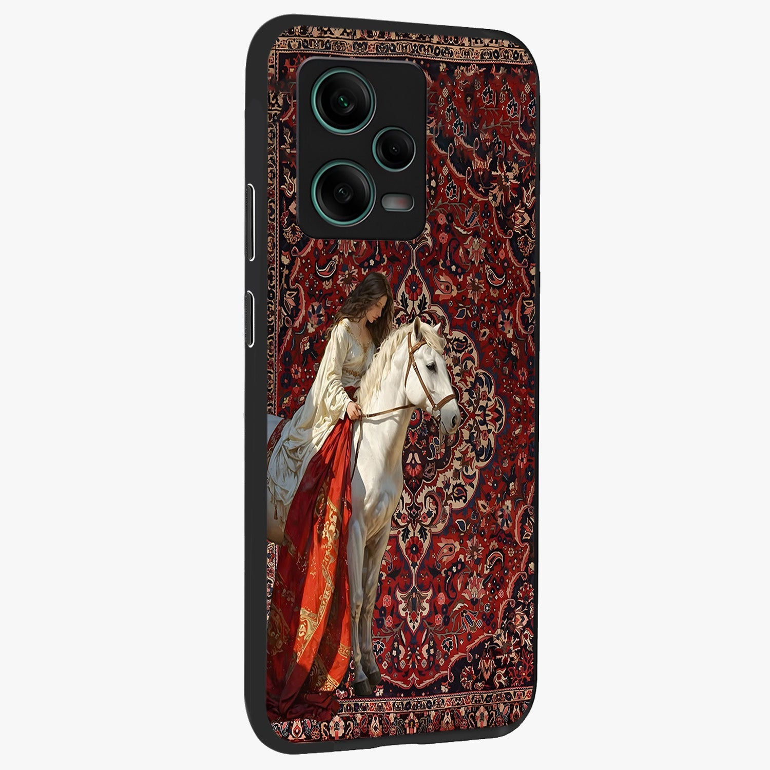 Royal Rider Tapestry Glass Case upright view showcasing detailed rider artwork with classic tapestry theme.