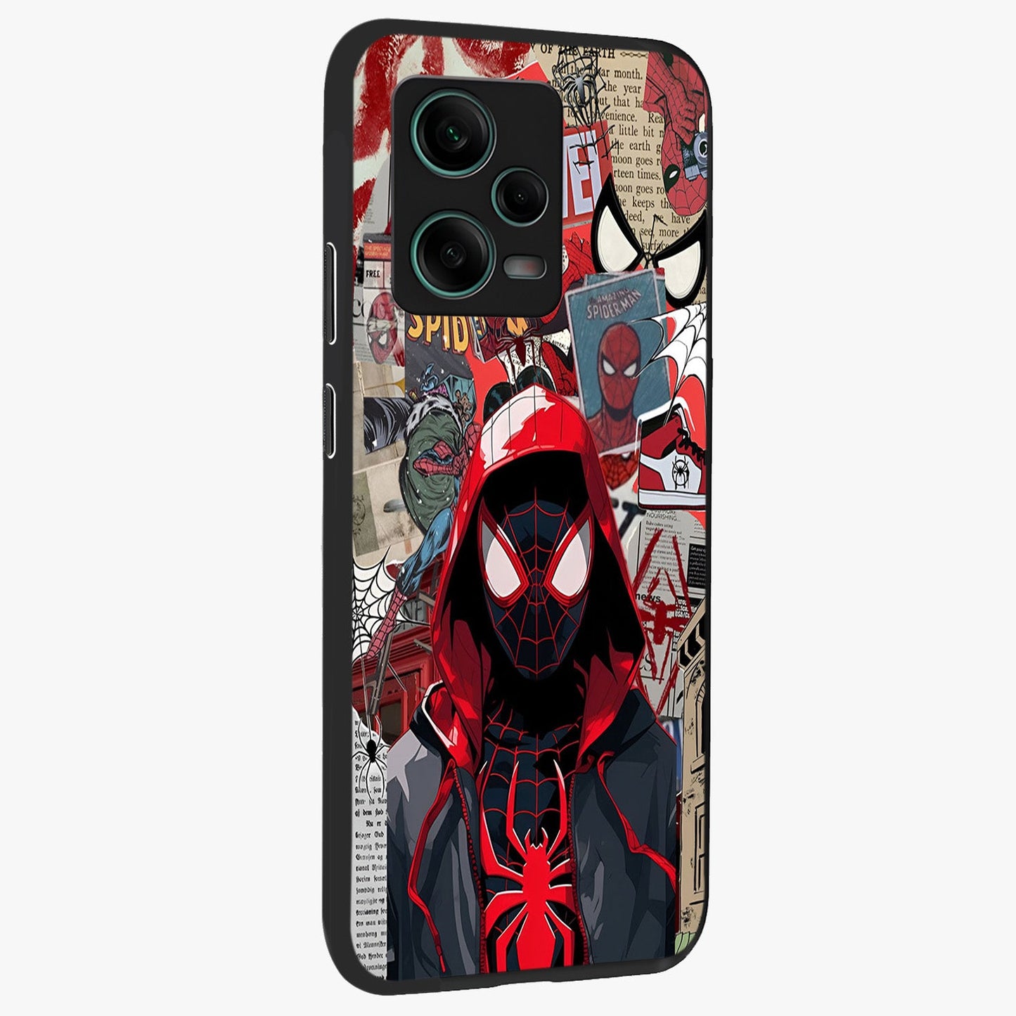 Spider Collage Street Glass Case upright view showcasing bold superhero artwork with urban street theme.
