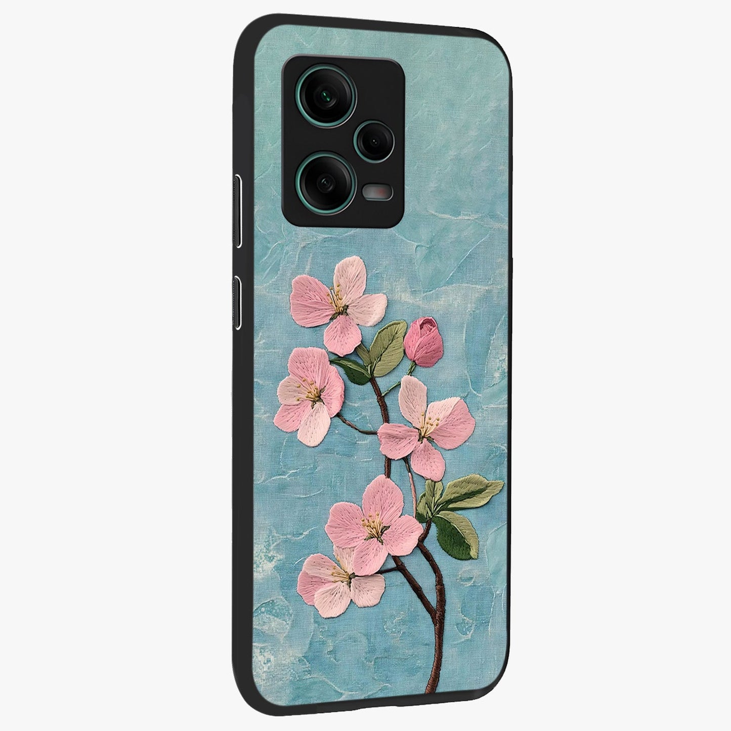Threaded Blossom Breeze Glass Case upright view showcasing graceful flower artwork with calm botanical theme.