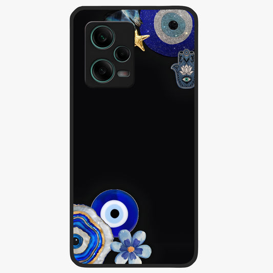 Aesthetic Blue Evil Eye Glass Case showing flat back view with protective evil eye artwork and glossy glass finish.