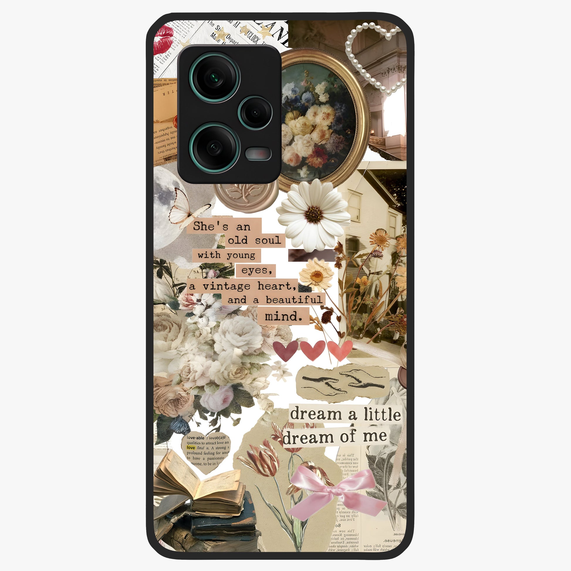 Aesthetic Brown Vintage Collage Glass Case showing flat back view with retro collage artwork and glossy glass finish.