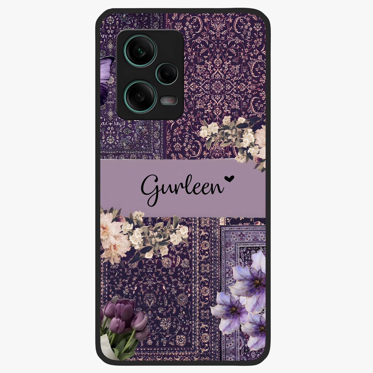 Antique Floral Whisper Custom Name Glass Case showing flat back view with vintage floral artwork and personalized name design.