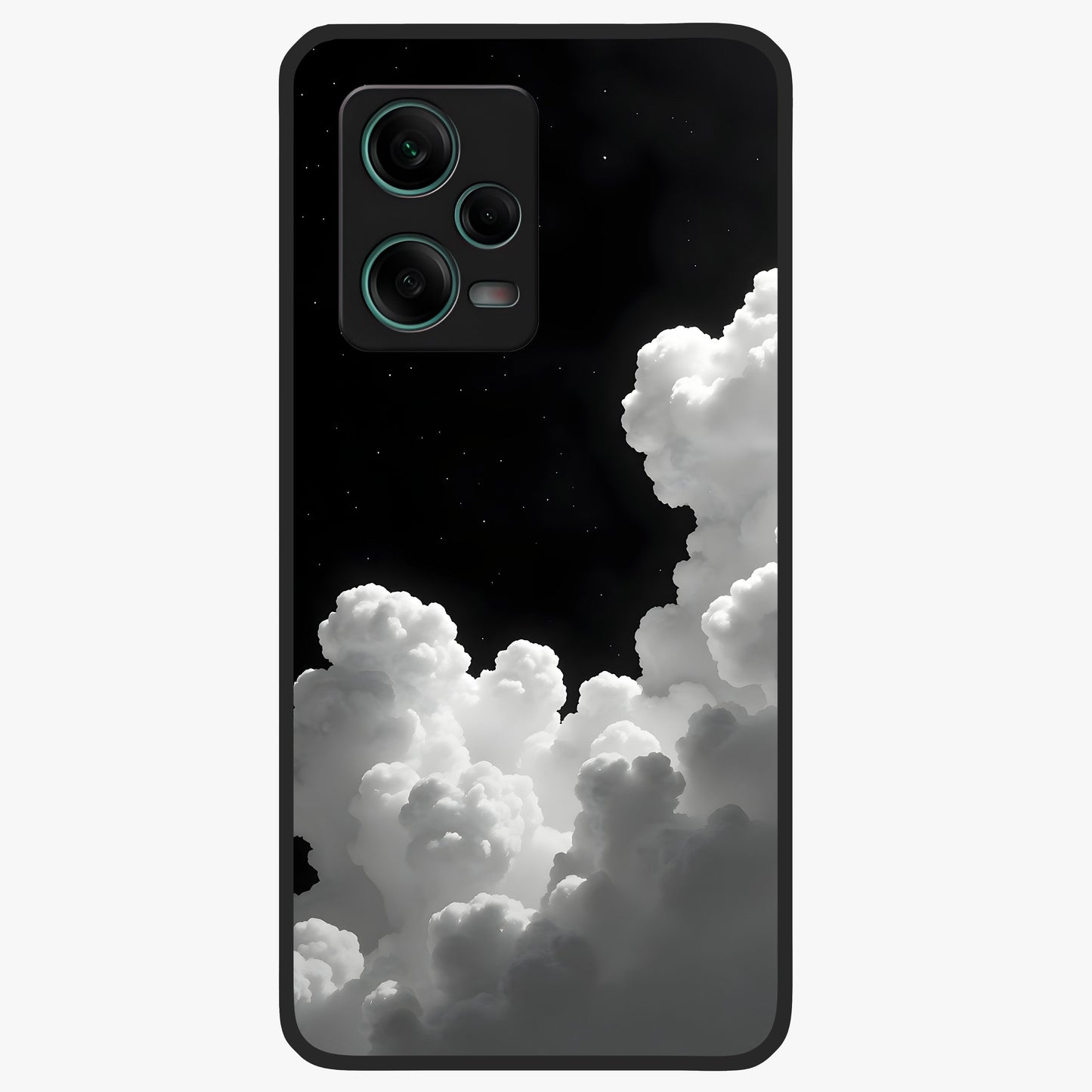 Black Background With White Cloud Glass Case showing flat back view with minimal cloud artwork on dark background and glossy glass finish.