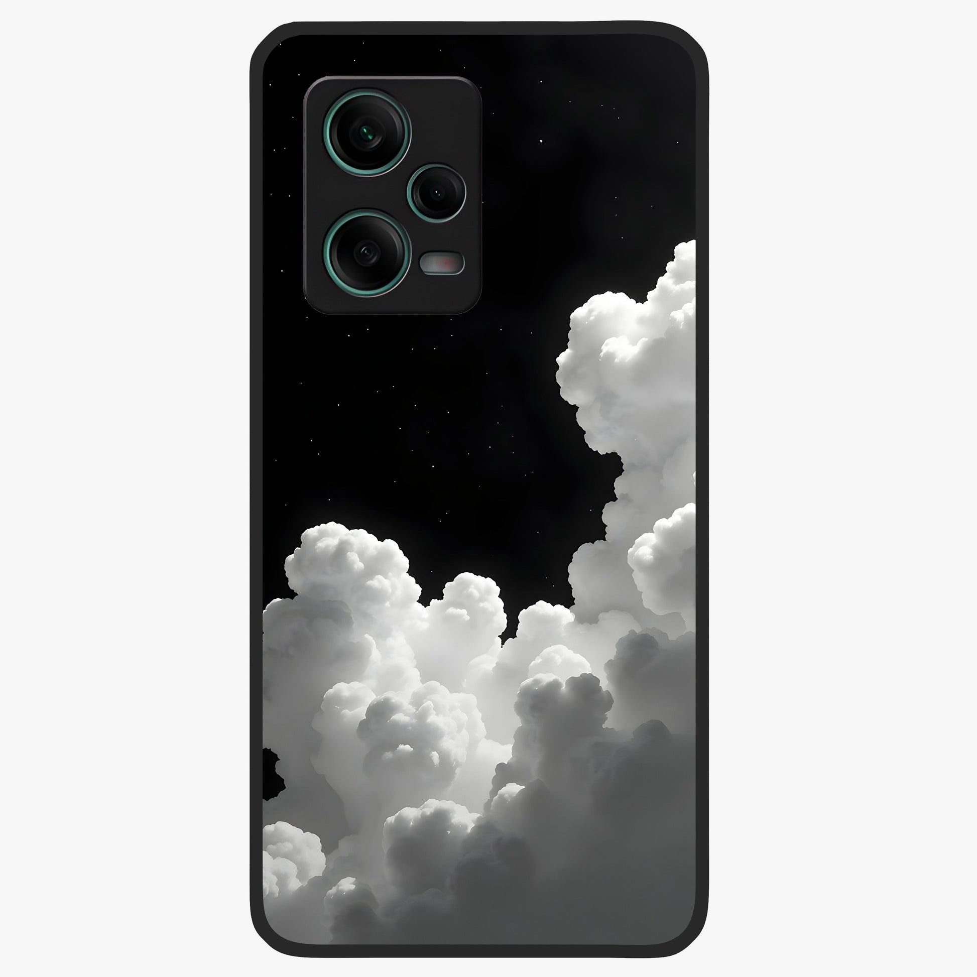 Black Background With White Cloud Glass Case showing flat back view with minimal cloud artwork on dark background and glossy glass finish.