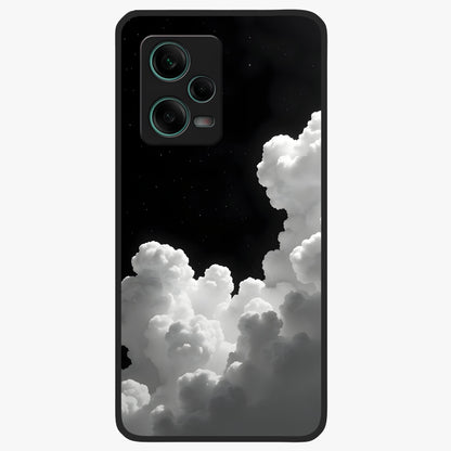 Black Background With White Cloud Glass Case showing flat back view with minimal cloud artwork on dark background and glossy glass finish.