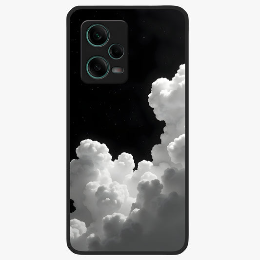 Black Background With White Cloud Glass Case showing flat back view with minimal cloud artwork on dark background and glossy glass finish.
