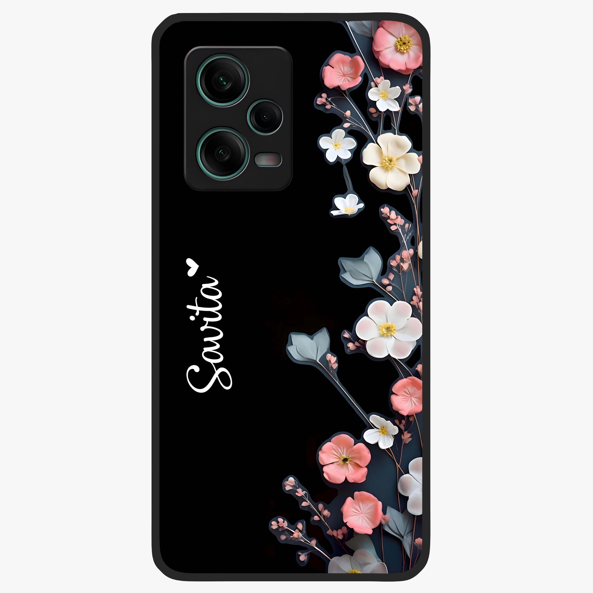 Black Elegance Floral Custom Name Glass Case showing flat back view with elegant floral artwork and personalized name design.