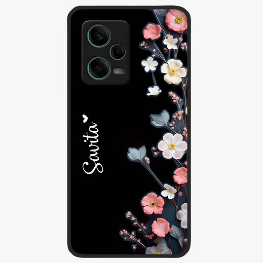 Black Elegance Floral Custom Name Glass Case showing flat back view with elegant floral artwork and personalized name design.