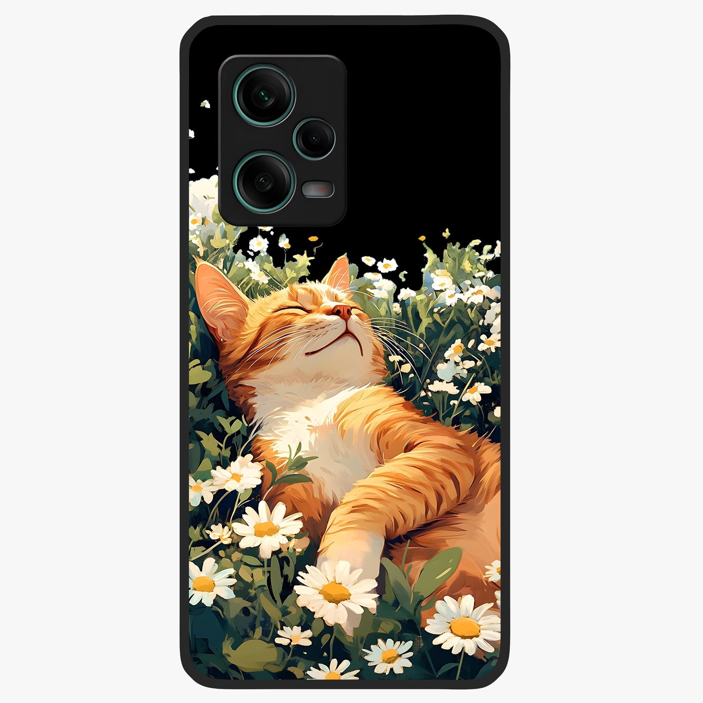 Blissful Bloom Cat Glass Case showing flat back view with cute cat and floral bloom artwork and glossy glass finish.