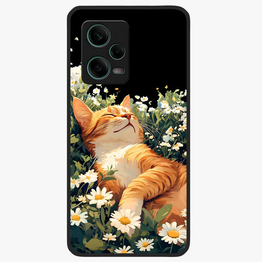 Blissful Bloom Cat Glass Case showing flat back view with cute cat and floral bloom artwork and glossy glass finish.