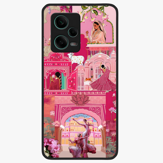 Blossoms of Rajasthan Glass Case showing flat back view with traditional floral artwork inspired by Rajasthan and glossy glass finish.