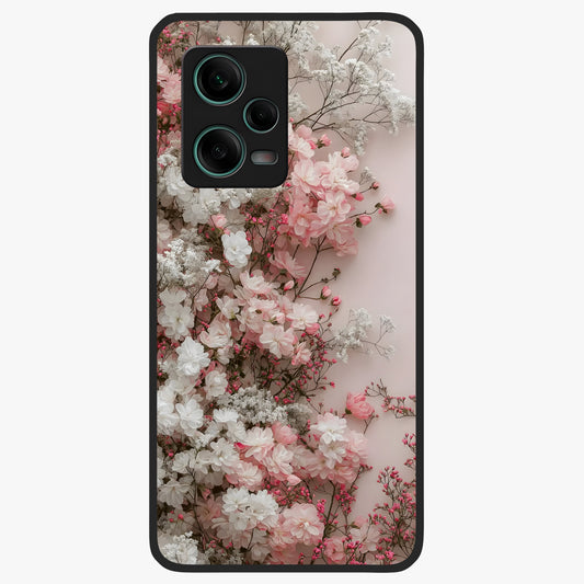 Blush Blossom Cloud Glass Case showing flat back view with dreamy blush cloud blossom artwork and glossy glass finish.