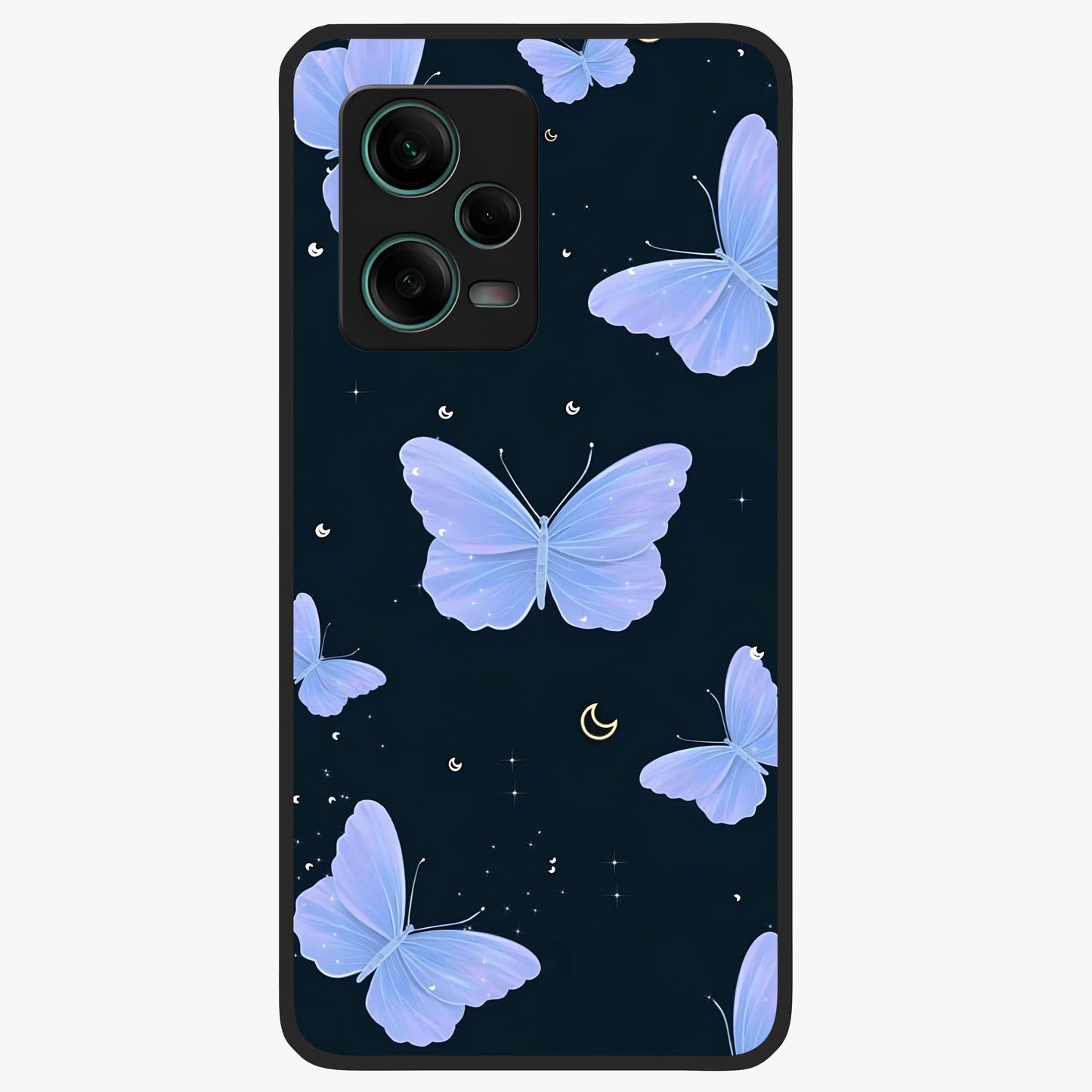 Butterfly With Stars Pattern Glass Case showing flat back view with butterfly and star pattern artwork and glossy glass finish.