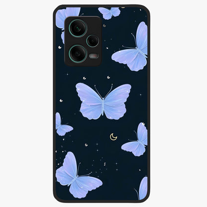 Butterfly With Stars Pattern Glass Case showing flat back view with butterfly and star pattern artwork and glossy glass finish.